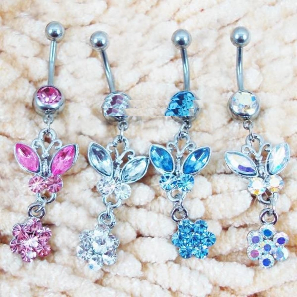 Navel Piercing ~ Butterfly & Flower ~ Crystal ~ 4 Colors